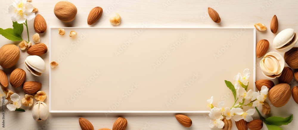 Poster a top down copy space image of a beige table with an almond frame showcasing healthy food