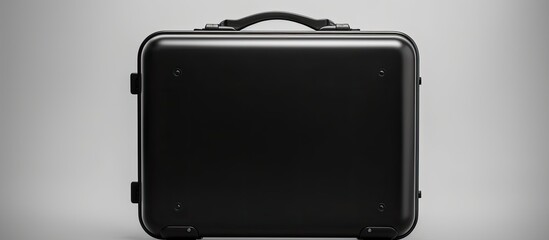 A black suitcase is seen alone on a white background with plenty of empty space around it for copy or other images. Creative banner. Copyspace image