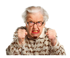 An old woman angry isolated on white transparent background, PNG File. Perfect for clipart