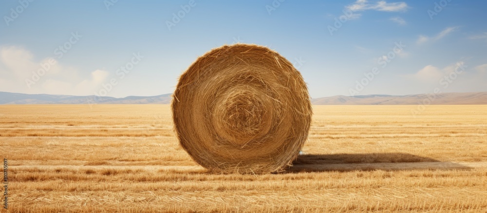 Poster A copy space image featuring a ready to pick up large round bale of hay as seen from the front