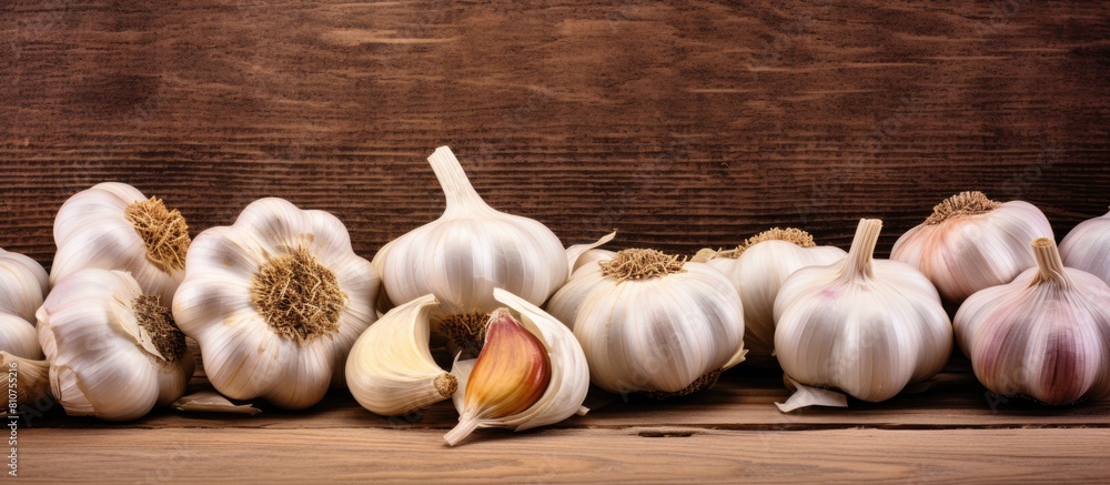 Poster a copy space image of garlic and garlic cloves arranged on a rustic wooden table emphasizing the ide