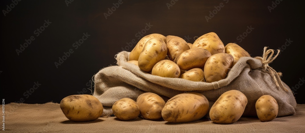 Poster a copy space image showcasing potatoes stored in a cotton bag along with a root vegetable scrubber