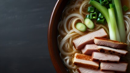 A steaming bowl of ramen adorned with slices of tender pork and vibrant green onions -- - obrazy, fototapety, plakaty