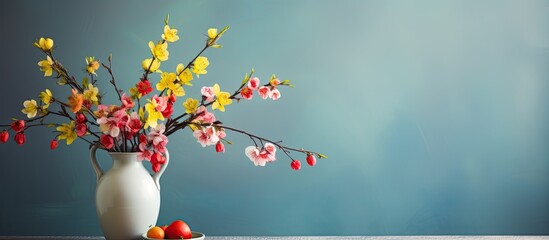 A spring themed image with vibrant flowers on a desk against a blurred wall background The shadows add depth to the scene and there is ample copy space for showcasing your product