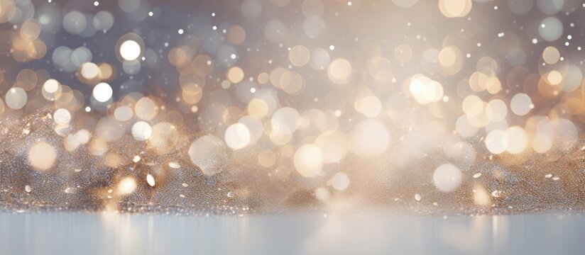 Sparkling greeting card with an abstract bokeh lights on a silver glitter background New year and Christmas concept Perfect for a copy space image 150 characters