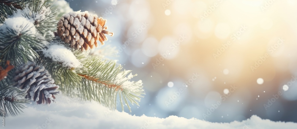 Aufkleber a wintry christmas themed image with a snow covered pine branch illuminated by sun rays against a bo