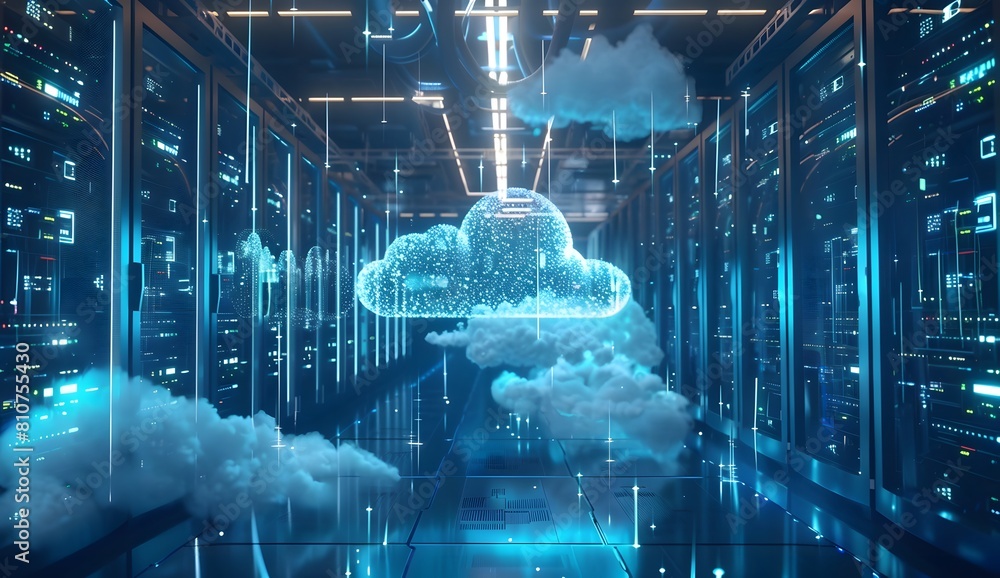 Poster futuristic digital art of cloud computing technology, with glowing data streams and holographic clou