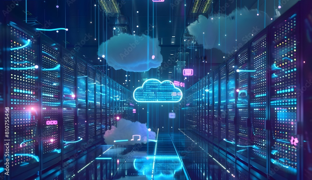 Poster futuristic digital art of cloud computing technology, with glowing data streams and holographic clou