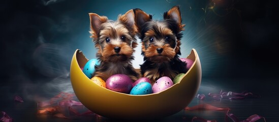 Obraz premium Two adorable Yorkshire Terrier puppies sitting inside a massive Easter egg leaving space for an image. Creative banner. Copyspace image