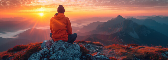 Obraz premium person on top of mountain Witnessing the Golden Sunrise Atop Rugged Peaks Reflecting on Life’s Beauty 