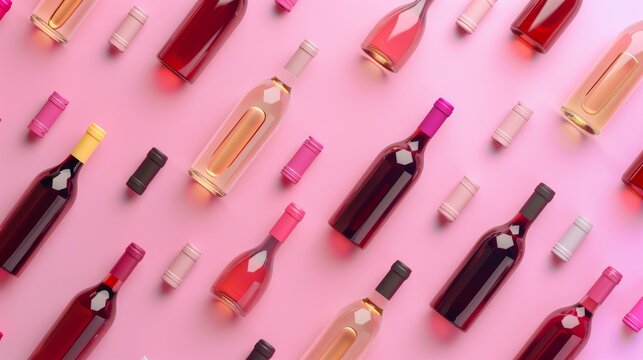 A row of wine bottles are lined up on a pink background