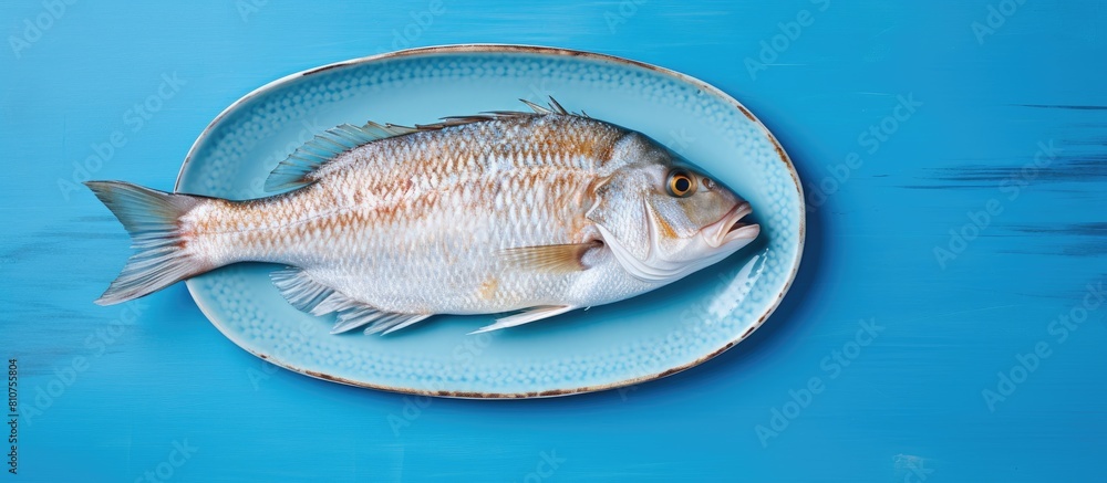 Poster a top down view of a whole uncooked and organic sea perch fish placed on a blue dish with ample room
