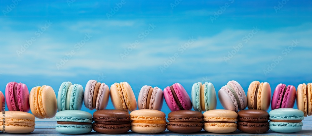 Aufkleber a vibrant array of macarons arranged on a captivating blue wooden surface creating an aesthetically 