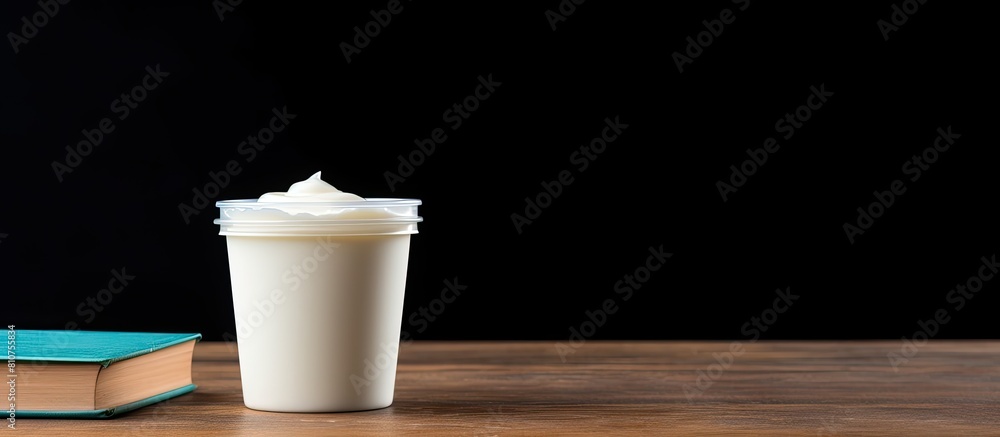 Aufkleber a low fat yogurt is showcased in a plastic cup placed on top of a blackboard this copy space image p