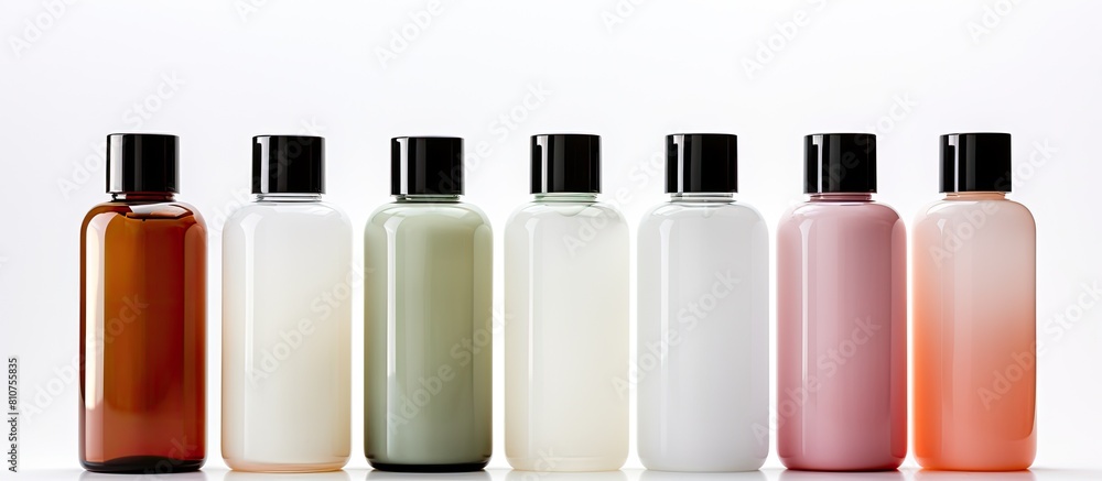 Poster A set of cosmetic bottles with cleaning pads isolated on a white background creating ample copy space in the image