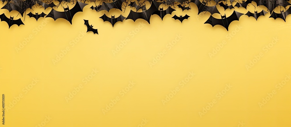 Poster A top view image of a Halloween banner featuring black paper bats on a yellow and white background with a horizontal orientation and plenty of copy space