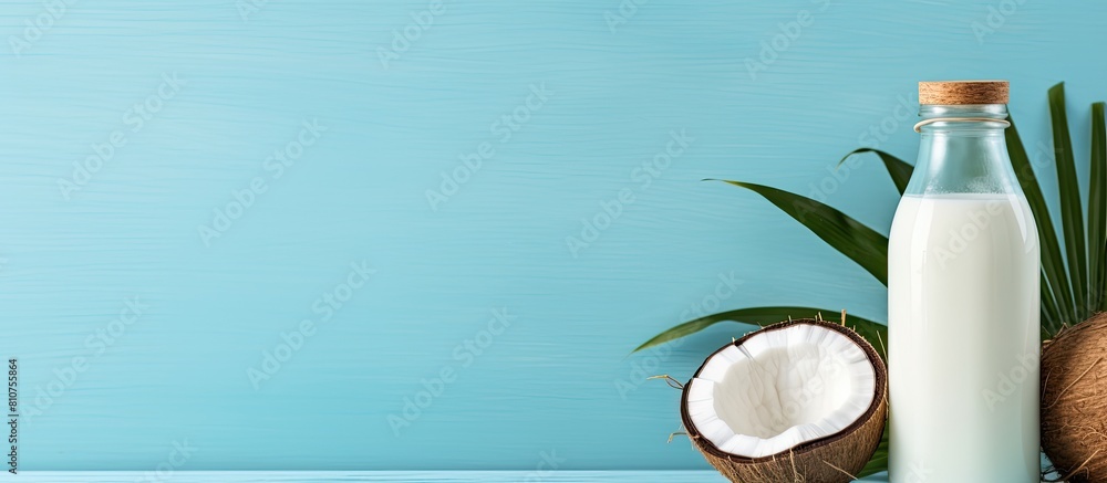Aufkleber A front view of a healthy vegan milk bottle placed on a wooden plate with half coconuts a palm branch and a blue background Perfect for use as a copy space image