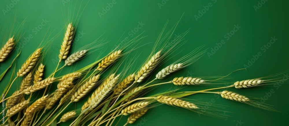 Aufkleber a top down view of a vibrant green background with a bunch of wheat stems and ears representing the 