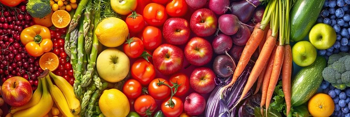 Rainbow-colored fruits and vegetables are arranged in colorful patterns, showcasing the diversity of healthy foods.