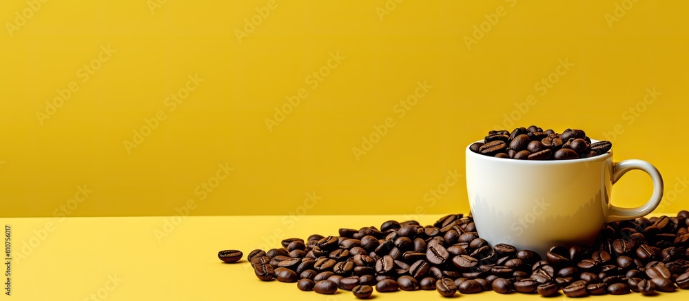 Poster a cup of coffee beans placed on a white surface with a yellow background that offers room for the im
