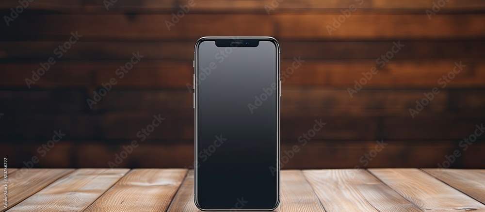 Aufkleber a black smartphone sits on a wooden table with ample copy space for images