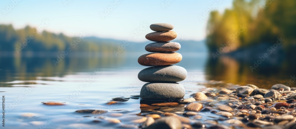 Poster Pebble tower on the river features a stone structure and a blurred background creating a serene and picturesque scene for a copy space image