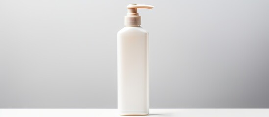 The image shows an empty plastic bottle for hand cream placed on a white background allowing space for text. Creative banner. Copyspace image