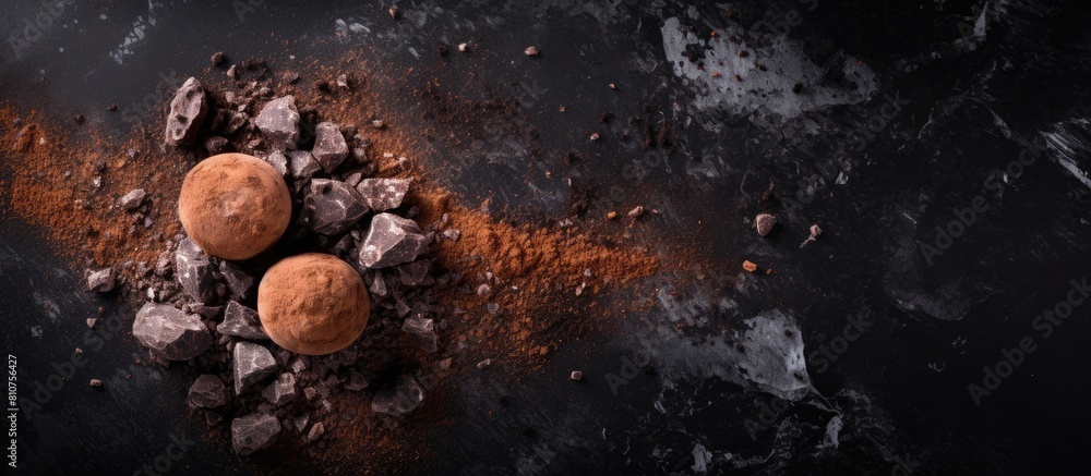 Poster a top view of a chocolate truffle candy on a dark stone background adorned with cacao powder chocola