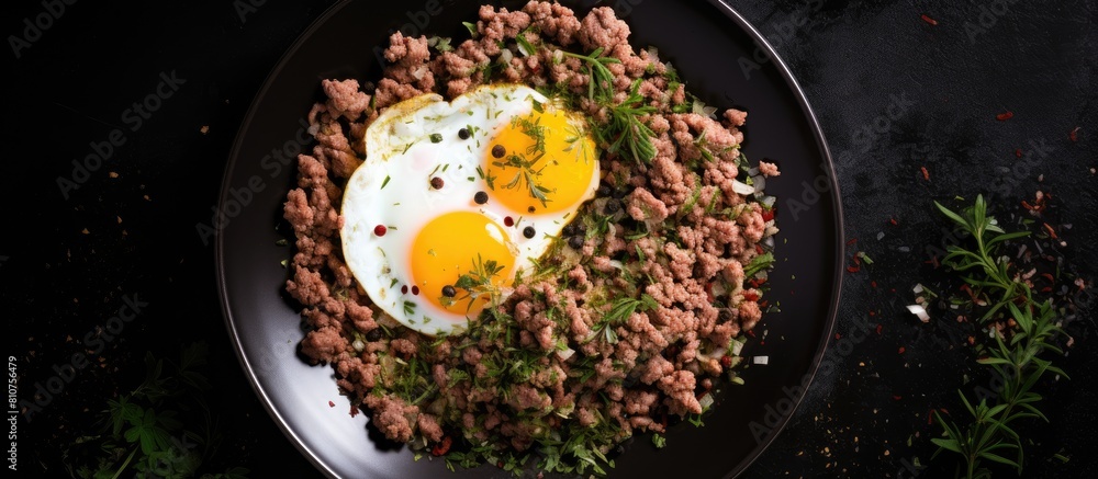 Poster a plate of ground beef pork or lamb mixed with spices herbs and eggs sits on a white plate against a