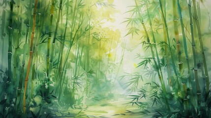 Bamboo Forest wallpaper, with its watercolor-inspired design, captures towering stalks, fostering a tranquil atmosphere. Rustling leaves and swaying culms resonate with nature's harmony. - obrazy, fototapety, plakaty