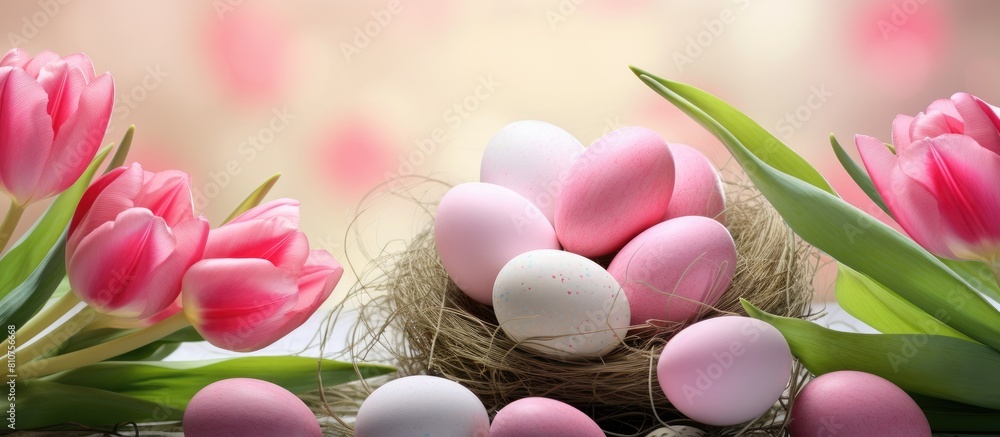 Aufkleber a vibrant spring scene with easter eggs nestled in a bird s nest surrounded by beautiful pink tulips