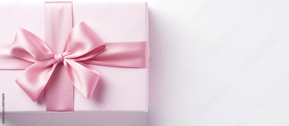 Poster A flat lay image showing a white gift box adorned with a pretty pink ribbon placed on a clean white background with ample copy space available