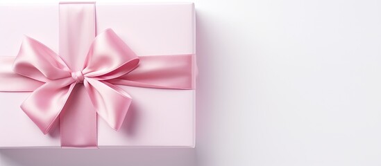 A flat lay image showing a white gift box adorned with a pretty pink ribbon placed on a clean white background with ample copy space available