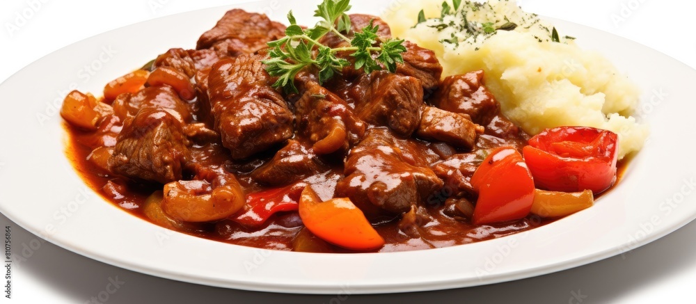 Aufkleber A top view photo of a plate with meat stew goulash and a white background There is empty space available for text or other images. Creative banner. Copyspace image