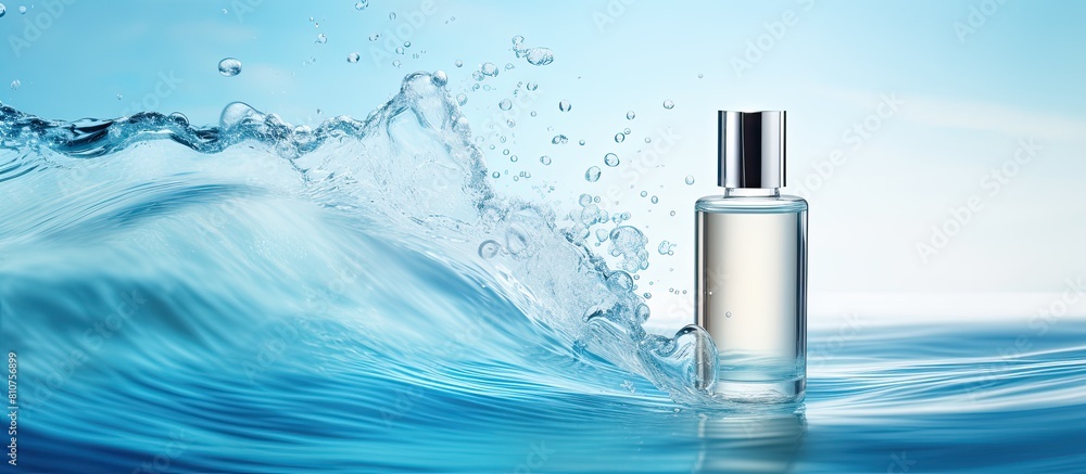 Aufkleber A bottle of moisturizing cosmetic serum is shown against a blue background with water waves creating a serene copy space image