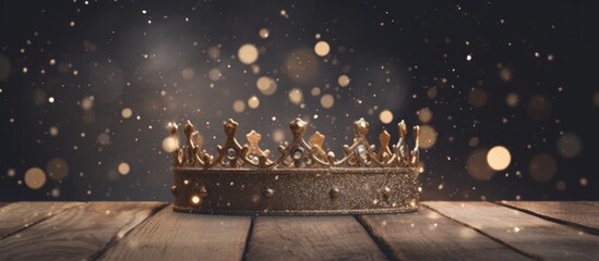 A copy space image with snow gently falling on a wooden Christmas crown - Powered by Adobe