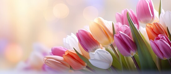 A bouquet of tulips sits gracefully in the foreground surrounded by a beautifully blurred background allowing the focus to be on the vibrant colors and delicate petals The image provides ample copy s