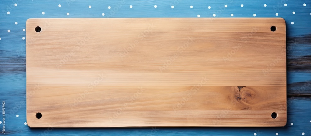 Aufkleber a blue wooden background in a cafe with a cutting board frame placed on a tablecloth filled with pol