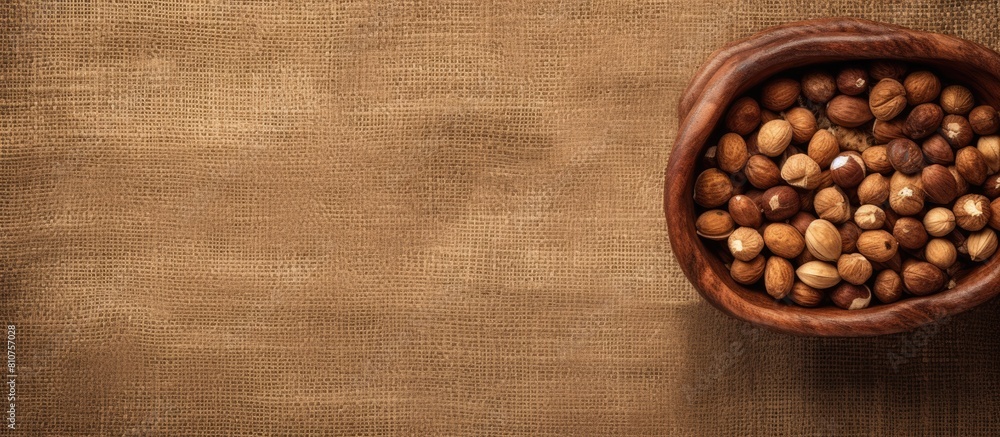 Aufkleber A copy space image of a bowl with a burlap sack filled with hazelnuts seen from above
