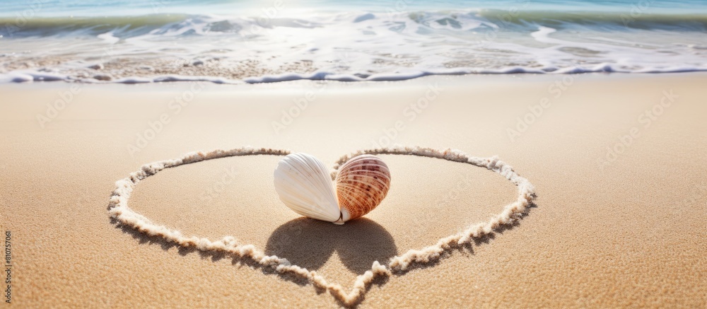 Poster a heart shape drawn in the sand with a wave s curved line white shells and natural lighting copy spa