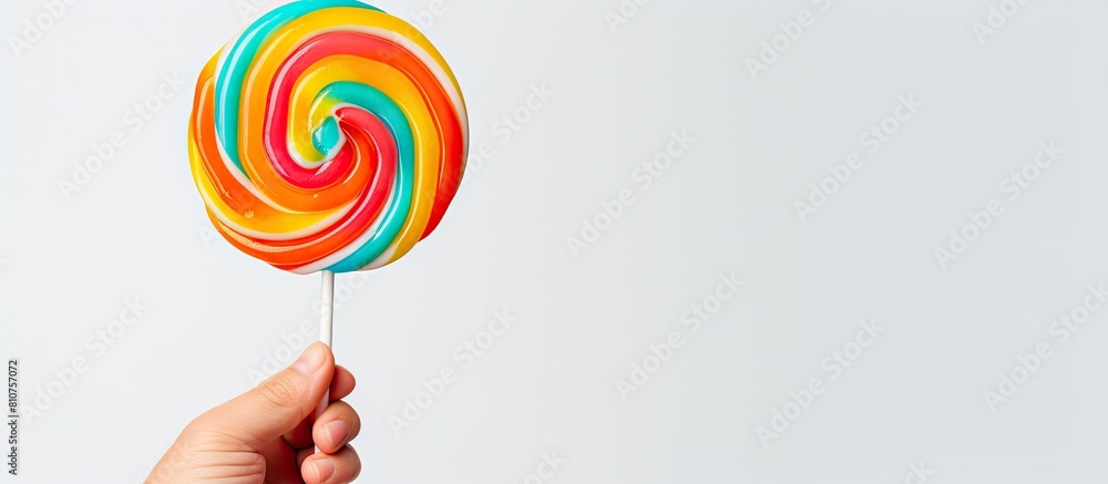 Poster A colorful lollipop held by a hand stands out with its vibrant hues The candy appears cool and refreshing It is placed against a white background providing a blank area for additional content