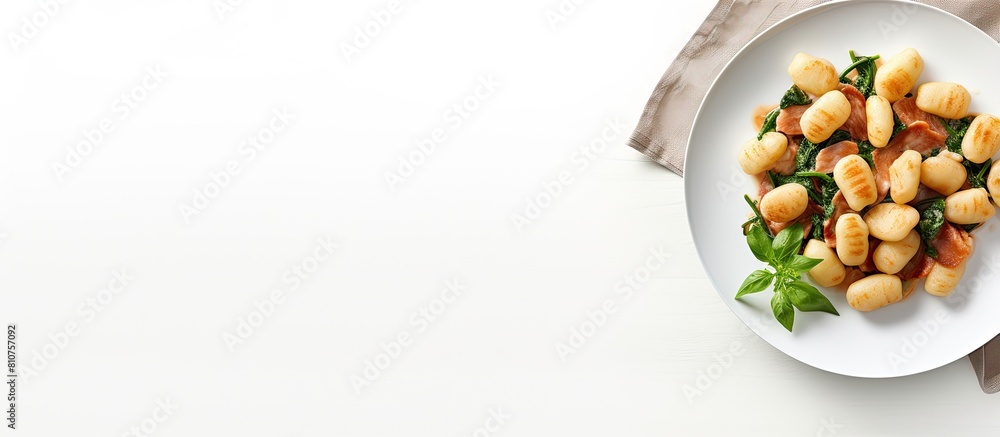 Poster A top view image of a plate featuring cooked Gnocchi potato pasta with spinach and parma ham placed on a white background with empty space for text or other elements. Creative banner. Copyspace image