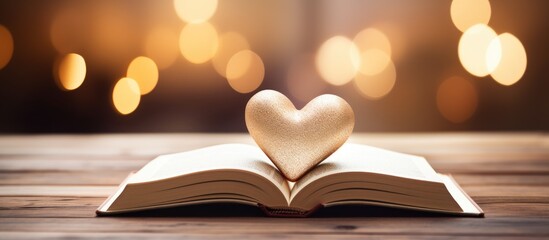 An open book in the shape of a heart is placed on a wooden table with a beautifully blurred background The image provides ample copy space