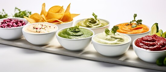 A variety of dip sauces including guacamole and cheese are served with nacho chips in a bowl The dish is showcased on a white stone background for a visually appealing copy space image