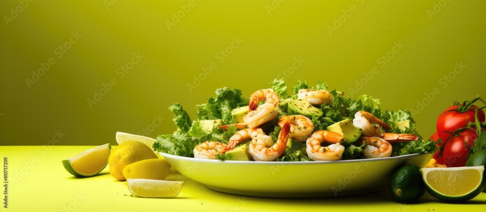 Poster A plate of Caesar salad with shrimp and a healthy diet option for weight loss with room for adding text. Creative banner. Copyspace image