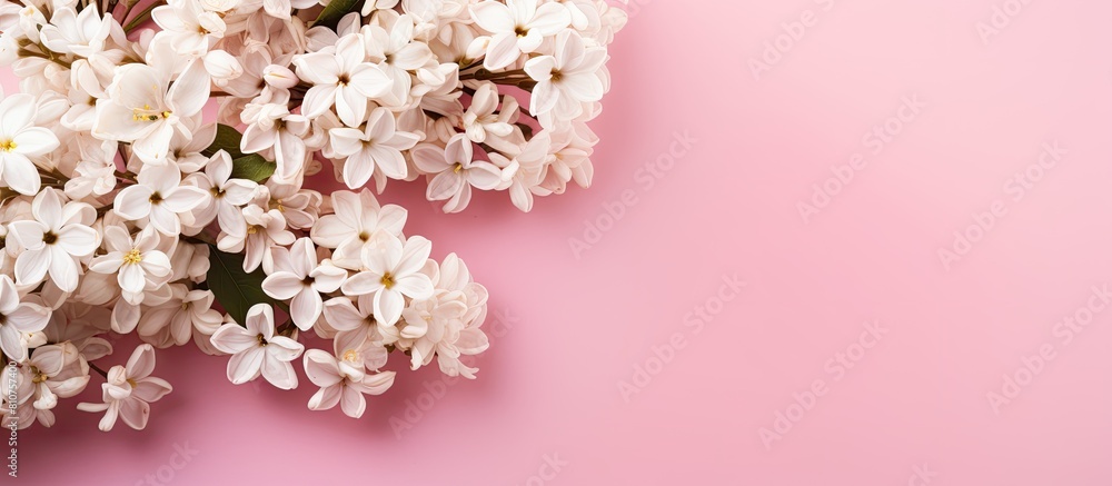 Aufkleber a top view of a beautiful bouquet of delicate white flowers resting on a pink background with plenty