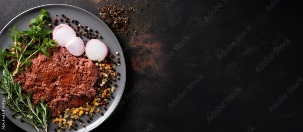 Poster a plate of ground beef pork or lamb mixed with spices herbs and eggs sits on a white plate against a