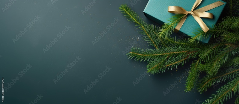 Poster Top view composition of holiday gifts in a green box intertwined with ropes and a fresh fir tree branch on a festive background offering ample copy space for your message