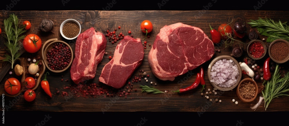Aufkleber the black wooden table presents a flat lay arrangement with fresh raw cut meat providing ample space