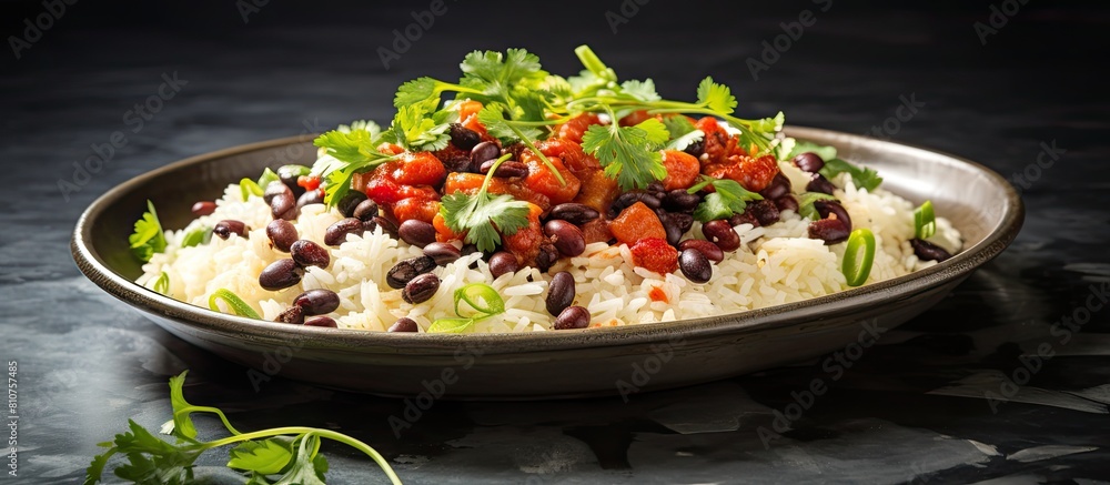 Poster A delectable dish of rice and beans arranged on a stylish grey marble table ready to be savored Ample space available for text in the image